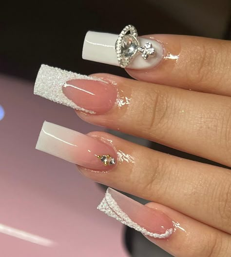 Crystal French Nails, Square Acrylic Nails Gems, Nail Inspo Birthday Set, Cute Nails For Birthday Almond, Glitter Nails With Charms, Short Acrylic Nails With Rhinestones, Copy And Paste Latina Nails, Birthday Nail Designs Bling, Tapered Square Nails Design