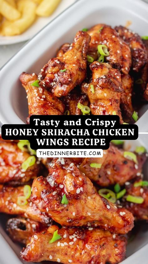 Ready to make your next party unforgettable? 🎉 This Honey Sriracha Chicken Wings recipe is the perfect addition to your table! Juicy, spicy, and just a touch sweet - they're sure to impress everyone! 😋🍗 Save this recipe now, and let's get started in The Dinner Bite! Honey Sriracha Wings, Honey Sriracha Chicken Wings, Garlic Chicken Wings Recipe, Sriracha Chicken Wings, Sriracha Wings, Honey Sriracha Sauce, Honey Garlic Chicken Wings, Glazed Chicken Wings, Honey Sriracha Chicken