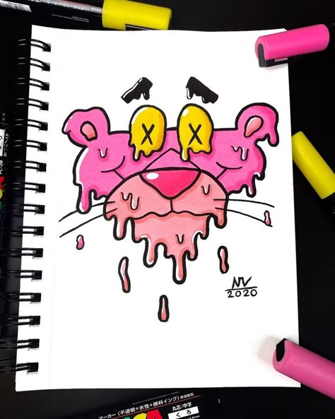 Drip Effect Drawing Cartoon, Drippy Drawing Ideas Easy, Edgy Cartoon Characters, Cartoon Posca Art, Pink Panther Painting Canvas, Drip Drawing Cartoon, Trippy Drippy Art, Drawing Ideas Colorful Markers, Cool Marker Art