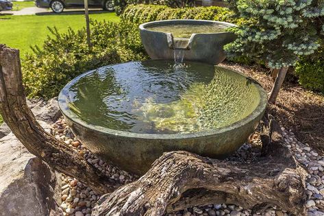 Pondless Spillway Bowls With Driftwood | JVI Secret Gardens Backyard Pondless Waterfall, Backyard Water Fountains, Garden Escape, Garden Water Fountains, Pond Ideas, Garden Waterfall, Pond Water Features, Pond Landscaping, Japanese Garden Design