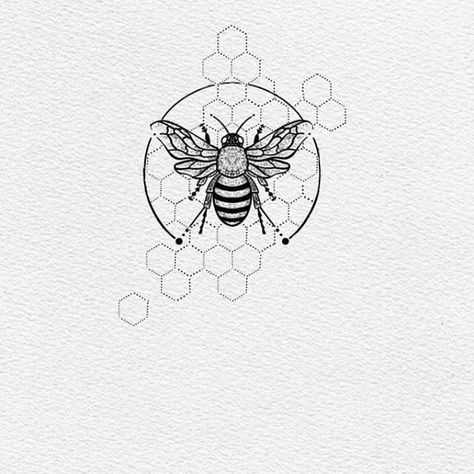 Unique Bee Tattoo Ideas, Bee On Honeycomb Tattoo, Honeybee Tattoo Flowers, Bumble Bee Design, Bees Tattoo Design, Bumble Bee And Honeycomb Tattoo, Serotonin Molecule Tattoo Bee, Bee And Honey Tattoo, Bee And Hive Tattoo