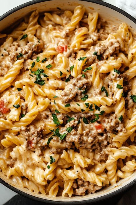 Stovetop Creamy Ground Beef Pasta - Quick & Easy Dinner Meals With Ground Beef And Noodles, Ground Beef Crumble Recipes, Skillet Hamburger Helper, Ground Beef Tomato Paste Recipes, Creamy Tomato Pasta With Ground Beef, Hamburger With Pasta Recipes, Heavy Cream Recipes Dinner Pasta, Baked Pasta Recipes With Ground Beef, Ground Beef Parmesan Recipes