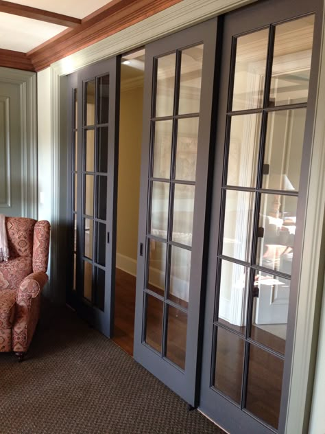 Interior Glass French Doors Double Sliding Doors Interior Glass, French Doors In Basement, Glass Door Partition, Kitchen With French Doors, Folding Glass Patio Doors, French Doors Office, Small French Doors, Sitting Room Interior Design, Glass Entrance Doors