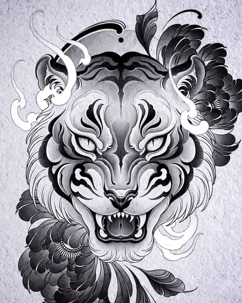 Arapaima Tattoo, Japanese Animal Tattoo Art, Neotrad Tiger, Tiger Tattoo Drawing, White Tiger Tattoo Design, Fire Tiger Tattoo, Tiger Tattoo Face, Japanese Tiger Tattoo Design, Jaguar Face Tattoo