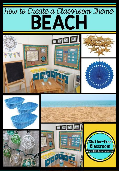 Are you planning a beach themed classroom or thematic unit? This blog post provides great decoration tips and ideas for the best beach theme yet! It has photos, ideas, supplies & printable classroom d Coastal Theme Classroom, Classroom Door Beach Theme, Beach Classroom Transformation, Ocean Classroom Decorations Sea Theme, Beach Decor Classroom Ocean Themes, Free Classroom Decor, Beach Theme Classroom, Nautical Classroom, Ocean Classroom