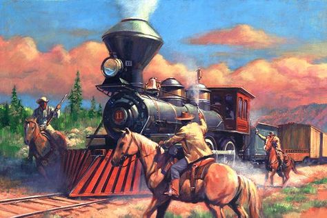 "Train Robbery" oil 32x21 western art / Fujiwara Train Robbery Wild West, Western Train, Western Pictures, Train Robbery, The Great Train Robbery, Old Western Towns, Train Illustration, Midnight Cowboy, Western Artwork