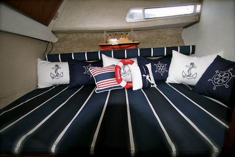 love to update the boat interior to something similiar to this! Boat Makeover, Boat Bed, Boat Interior Design, Sailboat Interior, Sailboat Living, Living On A Boat, Boat Decor, Diy Boat, Boat Interior