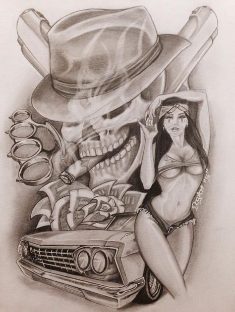 Pin Up with Skull Car Money, Money Rose, Latino Art, Prison Art, Chicano Style Tattoo, Cholo Art, Lowrider Art, Chicano Tattoos, Chicano Tattoo