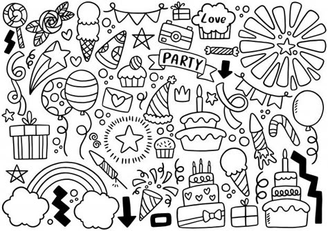 Hand drawn party doodle happy birthday | Premium Vector #Freepik #vector New Years Doodles, Happy Birthday Fonts Hand Drawn, Birthday Fonts Hand Drawn, Doodle Happy Birthday, Instagram Story Birthday, Hand Drawn Aesthetic, Doodles Creative, Drawn Banner, Birthday Doodles