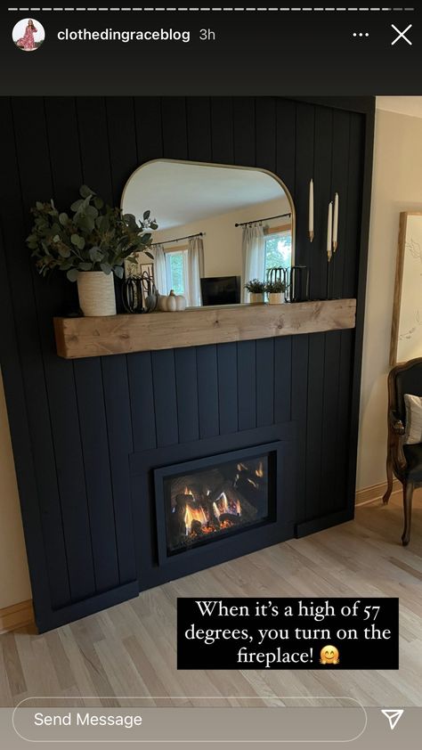 Masculine Fireplace Decor, Grey Walls Black Fireplace, Black Accent Fireplace, Black Mantle Decor, Black Fireplace Decor, Black Beadboard, Chimney Decor, Fireplace Redo, Wood Mantle