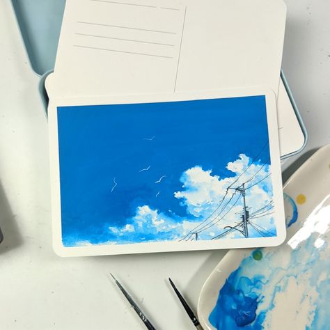 Guache Cloud Painting, Gouache Sky Tutorial, Cloud Painting Gouache, Guache Clouds, Sky Gouache Painting, Gouache Clouds, Gouache Sky, Sky Drawing, Painting Sky