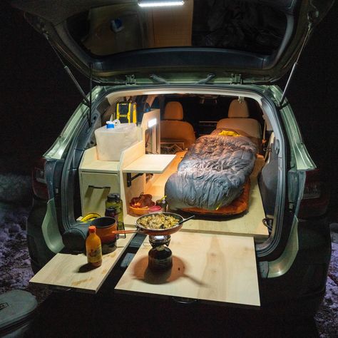 Jeep Patriot Camper, Suv Build Out, Subaru Outback Build Out, Outback Car Camping, Car Camping Build, Subaru Outback Car Camping, Subaru Outback Camping Conversion, Suv Camping Ideas, Subaru Car Camping