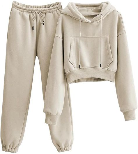 Matching Sweat Set, Matching Sweats, Sweats Outfit, Crop Pullover, Sweatsuit Set, Baggy Clothes, Crop Top Sweatshirt, Hoodie And Sweatpants, Pullover Fleece