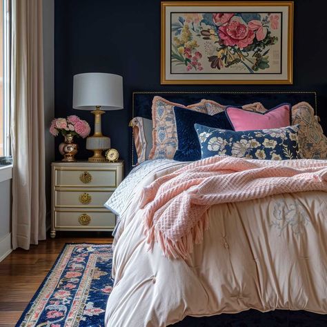 Pink And Blue Master Bedrooms Decor, Small Bedroom Maximalist, Magenta Bedroom Ideas, Dark Blue And Pink Bedroom, Navy And Pink Bedroom, Pink And Blue Bedding, Blue And Pink Room, Navy Blue And Pink Bedroom, Pink And Blue Room