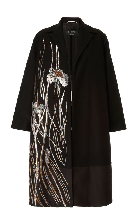 Sequin Embellished Wool-Blend Coat by ROCHAS Now Available on Moda Operandi Designer Festive Embellished Outerwear, Coat Embellishment, Designer Winter Outerwear With Intricate Embroidery, Luxury Hand-embellished Festive Outerwear, Black Embellished Winter Outerwear, Embellished Coat, Sequin Coats, Wearable Art Clothing, Iranian Women Fashion