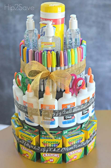 School Supply "Cake" (Back to School Gift Idea) - Hip2Save Dry Erase Marker Teacher Gift, Teacher Appreciation Gifts From Students Diy, Grad Party Teacher Theme, Teacher Gifts Handmade, Teacher Grad Party Ideas, Teacher Themed Party, Teacher Basket Ideas, Teacher Themed Graduation Party, Handmade Gifts For Teachers