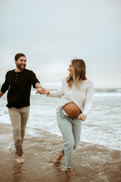 Los Angeles Beach Maternity Photo Shoot by Nurture Baby Photography | Natalie Van Double Exposure Maternity Photography, Maternity Sea Photography, Beach Maternity Photos Winter, Beach Photo Shoot Makeup, Sea Maternity Shoot, Spring Beach Maternity Photos, Boardwalk Maternity Photos, Casual Beach Maternity Shoot, Winter Beach Maternity Photoshoot