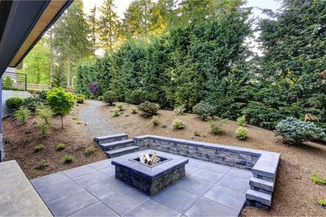 Flagstone Patio Design, Outdoor Fire Pit Seating, Sunken Fire Pits, Cement Patio, Stone Landscaping, Stone Patio, Square Fire Pit, Flagstone Patio, Fire Pit Seating