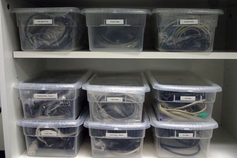 15 Easy Ways to Organize Cables, Cords and Wires - One Crazy House Electronics Organization Storage, Clear Storage Bins, Tech Organization, Electronics Storage, Organization Station, Organizing Wires, Crazy House, Cord Storage, Electronic Organization