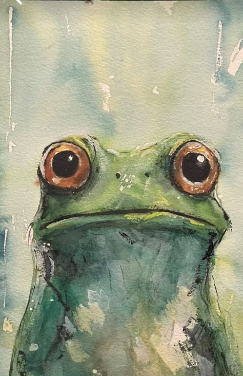 Watercolor Art Bathroom, Watercolor Art Cute Easy, Watercolour Inspiration Animals, Frog Watercolor Paintings, Watercolor Toad, Frog Painting Ideas, Drawings Of Frogs, Cute Frog Painting, Watercolour Frog