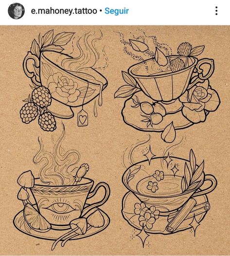 Cottagecore Tattoo Flash Sheet, Tattoo Design Challenge, Mushroom Teacup Tattoo, Yea Bag Tattoo, Autumn Flash Tattoo, Tea Cup Tattoo Design, Witchcraft Art Drawing, Neotraditional Tattoo Flash Sheet, Small Neotraditional Tattoo