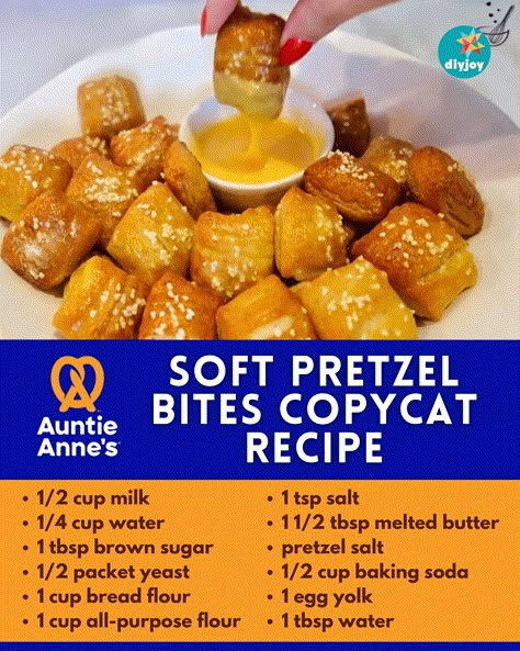 Auntie Anne's Soft Pretzel Bites Copycat Recipe Homemade Soft Pretzel Bites, Auntie Anne, Soft Pretzel Bites, Pretzel Bites Recipes, Auntie Annes, Soft Pretzel Recipe, Pretzel Recipe, Diy Joy, Homemade Pretzels