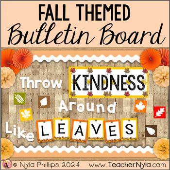 This Fall bulletin board reads Throw Kindness Around Like Leaves. The editable lettering comes in five styles. The lettering in this Fall themed bulletin board comes in five styles. It includes leaf cutouts for students names. Please check out the preview to see all of the decorations in this set.This bulletin board can be placed across your wall or on your door. The tall and narrow letter boxes fit better on doors and the large square letter boxes are to fill out large hallway bulletin boards. I would love to see how your Fall bulletin boards turn out. You can tag me on insta @teachernyla or add #teachernyla to your pictures.Follow me to get: notified whenever I have a sale notified of free items and new items (new items are always discounted for the first three days of release) I'd love Fall Motivational Bulletin Boards, School Bulliten Board Decorations, Kindness Month Bulletin Board, Fall Thanksgiving Bulletin Board Ideas, Split Bulletin Board Ideas, Kindergarten October Bulletin Boards, 3rd Grade Fall Bulletin Board Ideas, October Christian Bulletin Boards, Middle School Fall Bulletin Boards