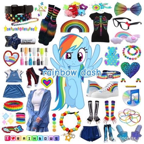 Rainbow Dash Cosplay Ideas, Rainbow Dash Aesthetic Outfit, Rainbow Dash Scenecore, Mlp Cosplay Rainbow Dash, Rainbow Dash Moodboard, My Little Pony Costume Ideas, Mlp Clothes Ideas, Rainbow Dash Outfit Ideas, Rainbow Dash Inspired Outfits