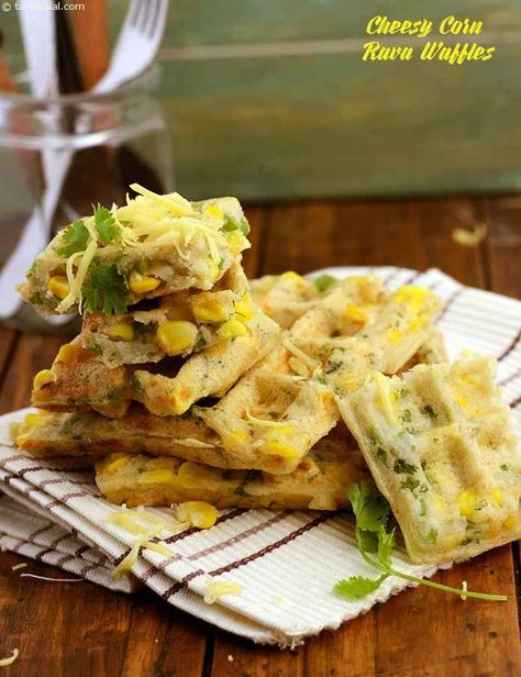 Cheesy Corn Rava Waffles recipe Crunchy Waffles, Savory Waffle Recipe, Waffle Iron Recipes, Cheesy Corn, Waffle Ingredients, Waffle Maker Recipes, Savory Waffles, Urad Dal, Waffles Recipe