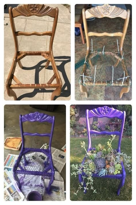 Traditional Garden Design, Recycled Garden Planters, Garden Planter Ideas, Chair Planter, Diy Garden Bed, Garden Decor Diy, Fall Planters, Recycled Garden, Vintage Garden Decor