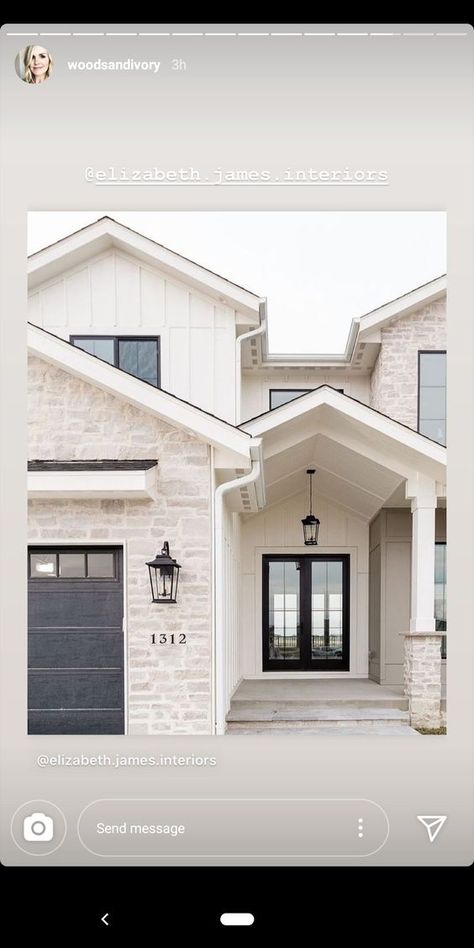 White And Stone Exterior House, White Siding White Brick, Tan Rock House Exterior, White Hardie Board House Exterior Design, White Brick House With Siding, Tan And White House Exterior, Stone And Hardie Board Exterior, White House Stone Accent Exterior, Brick With White Siding