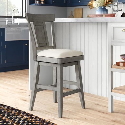 Three Posts Sariyah Swivel Bar & Counter Stool & Reviews | Wayfair.ca Farmhouse Bar Stools, Counter Stools With Backs, Gray Counter, Bar Stools Kitchen Island, Stool Wood, Bar Stools With Backs, Swivel Counter Stools, Stools With Backs, Swivel Stool