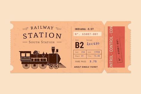 Free vector flat design train ticket tem... | Free Vector #Freepik #freevector #train-ticket #travel-template #tour #tourism Fancy Ticket Design, Train Ticket Illustration, Vintage Train Ticket Printable, Vintage Ticket Design, Bus Ticket Design, Travel Ticket Design, Train Graphic Design, Train Ticket Art, Train Ticket Design