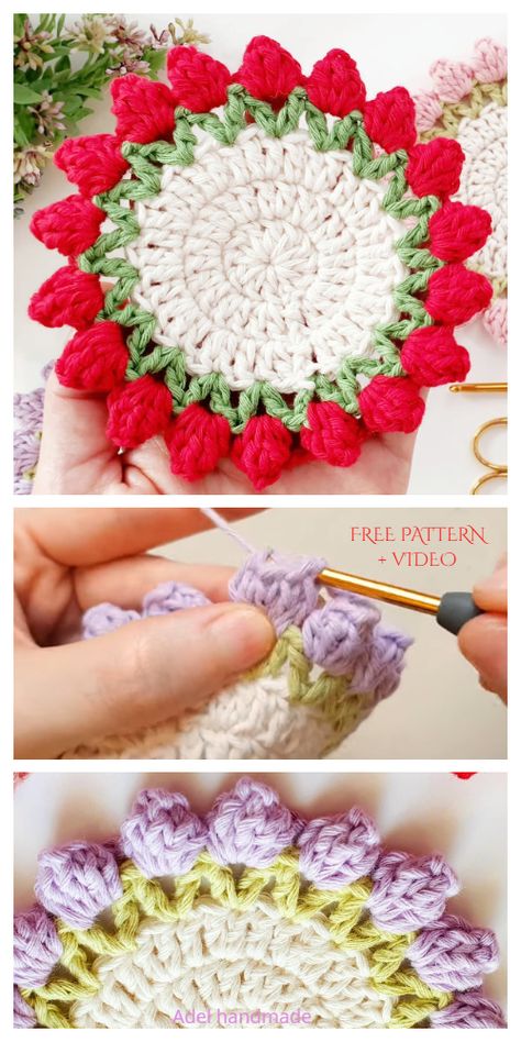 Tulip Coaster Free Crochet Patterns + Video - DIY Magazine Tulip Coaster Crochet Pattern Free, Free Crochet Flower Coaster Patterns, Crochet Tea Coaster Free Pattern, Crochet Flower Coasters In Pot, Crocheted Flower Coasters, Flower Pot Coaster Crochet Pattern Free, Crochet Tulip Coaster, Crochet Tea Coaster, Crochet Flower Pot Coasters Free Pattern