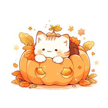 "Cute Kawaii Happy Halloween Kitty Cat in a Jack-o-Lantern Pumpkin" Sticker for Sale by CozyKawaiiArt | Redbubble Kawaii Cats, Halloween Kitty, Pumpkin Images Fall, Cat Pumpkin Drawing, Pumpkin Cat, Kawaii Pumpkin, Grumpy Kitty, Blushing Anime, Lantern Drawing