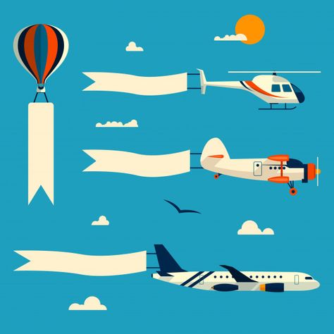 Vector set of flying balloon, helicopter, airplane and retro biplane with advertising banners. template for text. design elements in flat style. Vector | Premium Download Sea Illustration Art, Airplane Banner, Flying Banner, Banners Template, Flying Balloon, Sea Illustration, Plane Design, Motion Graphics Inspiration, Banner Advertising