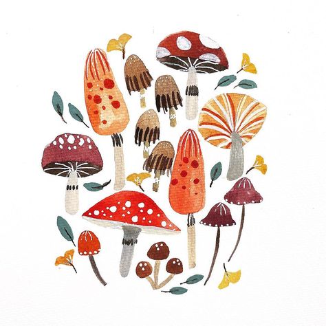 Seeing all the gorgeous autumn illustrations in my feed has inspired me to draw some mushrooms + fall leaves despite the fact that it’s spring here where I live x hope you like it! I sure had fun drawing x #autumn #october #fall Fungi Illustration, Illustration Kunst, Mode Prints, Posca Art, Forest Nursery, Autumn Illustration, Watercolor Projects, Canvas Easy, Art Et Illustration