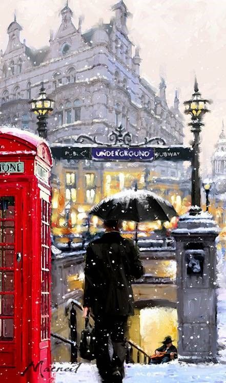 England Drawing, Richard Macneil, Architecture Sketching, London Artwork, London Painting, London Wallpaper, Telephone Box, Christmas Card Art, Phone Box