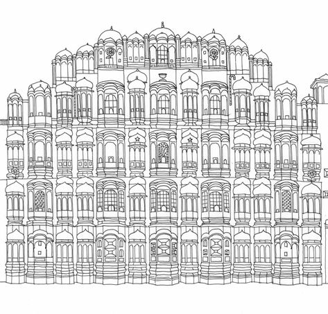 David Coviello Rajasthani Mahal, Hawa Mahal Sketch, Rajasthani Elements, Monument Sketch, School Elevation, Jaipur Photography, Embroidery Outline, Sketches Architecture, Dragon Blood Tree