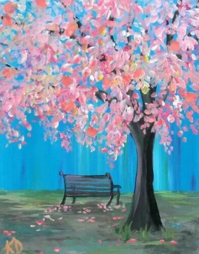 . Bench Art Painting, Pink Trees Painting, Park Bench Painting, Park Bench Drawing, Pink Tree Painting, Park Painting, Wisteria Tree, Kraf Kertas, Flowering Tree