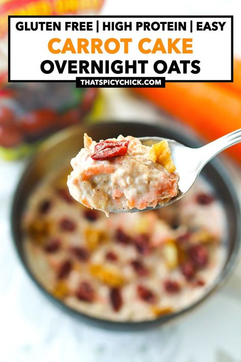 This Carrot Cake Overnight Oats recipe is quick and easy to prepare, high in protein and fiber, and full of scrumptious carrot cake flavors! It’s a healthy breakfast that will fuel busy mornings and they're perfect for springtime or anytime of the year! #overnightoats #carrotcakeoatmeal #oatsforbreakfast #highproteinmeals #highproteinbreakfast #mealprep #glutenfree #healthy #oatmeal #oats #proats #proteinoats | That Spicy Chick Rolled Oats Recipe, Carrot Cake Overnight Oats, Cake Overnight Oats, Oats Recipes Breakfast, Oat Breakfast, High Fiber Breakfast, Chicke Recipes, Spiced Carrots, Protein Oatmeal