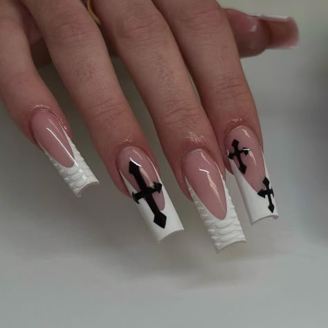 Cross Nails, Punk Nails, Edgy Nails, Beige Nails, Grunge Nails, Girly Acrylic Nails, Cute Nail, Long Square Acrylic Nails, Acrylic Nails Coffin Short