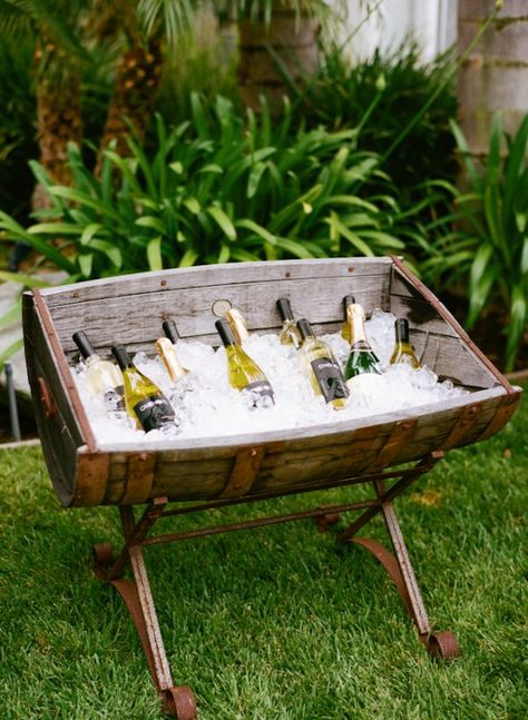 Cooking Themed Bridal Shower - Inspired By This Wine Bar Bridal Shower Ideas, Ice Barrel, Wine Barrel Wedding, Onehope Wine, Wedding Drink Station, Bridal Shower Decorations Rustic, Barrel Wedding, Wine Crate, Ice Chest