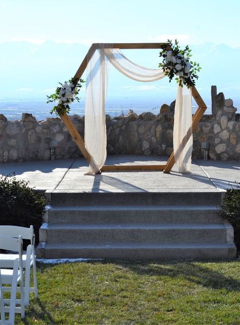 Hexagon Arbour Flowers, Eculyptus Wedding Arch, Octogon Archway Wedding Decor, Octagon Altar Wedding, Hexagon Arbour Wedding, Decorating Hexagon Wedding Arch, Wedding Arch Lighting, Custom Wedding Arch, Octagon Arbor Wedding