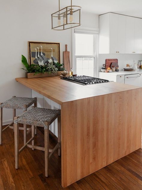 Butcher Block Waterfall Island, Butcher Block Peninsula, Diy Butcher Block, Waterfall Countertop, Butcher Block Island Kitchen, Kitchen Peninsula, Butcher Block Island, Butcher Block Kitchen, Southampton New York