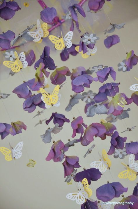 Butterfly mobile Lavender Yellow Gray and Purple by Sastara, $44.00 Bedroom Colors Purple, Purple And Yellow Bedroom, Yellow Girls Room, Lavender Bedroom, Sunflower Nursery, Purple Chandelier, Purple Nursery, Butterfly Nursery, Elephant Fabric