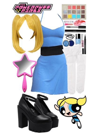 Bubbles Inspired Outfit Powerpuff, Bubbles Powderpuff Costume, Bubbles Costume Ideas, Bubbles Powerpuff Cosplay, Bubbles Cosplay, Bubbles Inspired Outfit, Bubbles Halloween Costume Powerpuff, Bubbles Outfit, Blossom Powerpuff Girl Costume