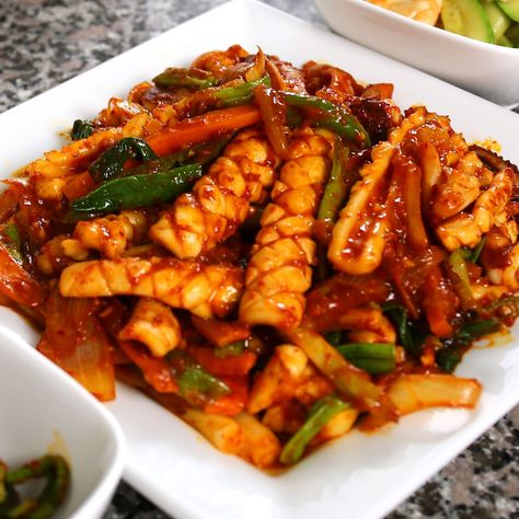 Spicy stir fried squid (Ojingeo-bokkeum) recipe - Maangchi.com Spicy Squid Korean, Squid Chinese Recipe, Spicy Squid Recipes, Korean Spicy Recipes, Filipino Squid Recipe, Ojingeo Bokkeum, Asian Calamari Recipes, Korean Spicy Squid Recipe, Fried Squid Recipes