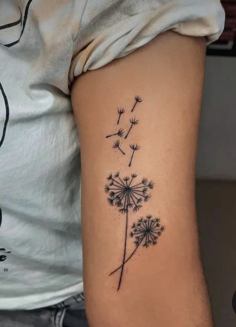 Dandelion Skull Tattoo, Flower Tattoos For Women Forearm, Tattoo On Front Shoulder, Wish Flower Tattoo, Top Of Forearm Tattoo, Blowing Dandelion Tattoo, Dandelion Tattoo Ideas, Back Of Ankle Tattoo, Dandelion Tattoo Meaning