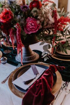 Velvet Table Runner And Napkins Pink Or Green By Magpie Decor | notonthehighstreet.com Black And Burgundy Wedding Table, Burgundy Wedding Table Decor, Black And Burgundy Wedding, Velvet Napkins, Velvet Table Runner, Velvet Table, Autumnal Wedding, Velvet Wedding, Jewel Tone Wedding